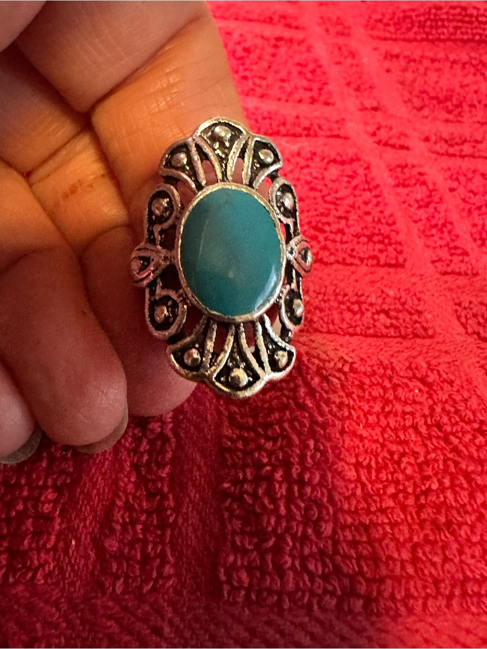 Turquoise Oval Statement Ring - Silver Tone size 5